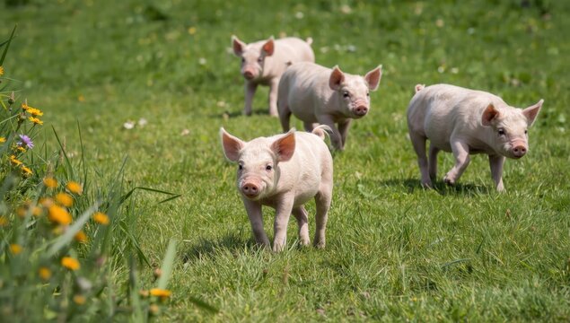 Piglets scamper on the grass. Small pig