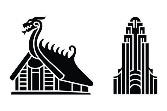 Viking longhouse and art deco skyscraper silhouette vector icons