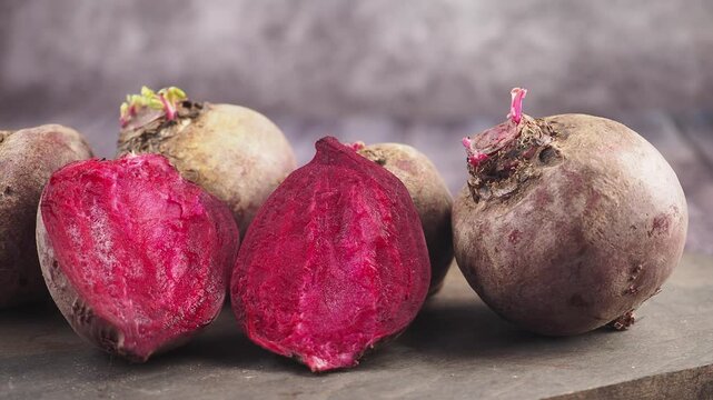 Fresh beets on a wooden surface in natural light