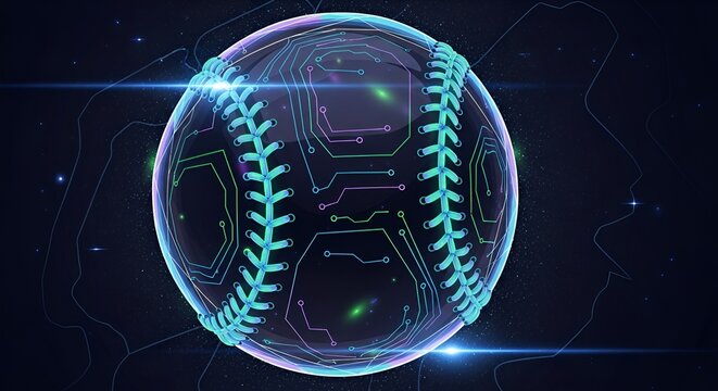 Glowing digital baseball with circuit board.
