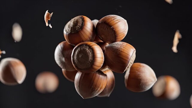 Macro shot of hazelnuts suspended in air, some shells cracked open