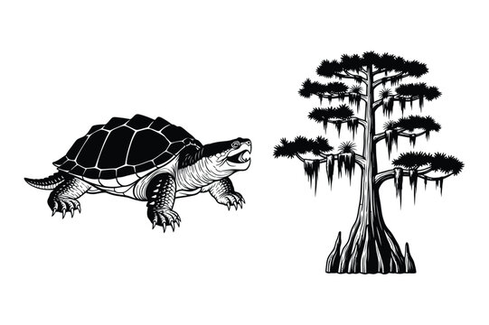 Turtle and cypress tree silhouette vector illustration for nature design