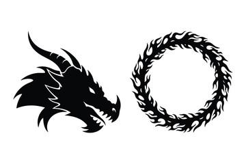 Fototapeta premium Dragon head and ouroboros circular symbol vector silhouette