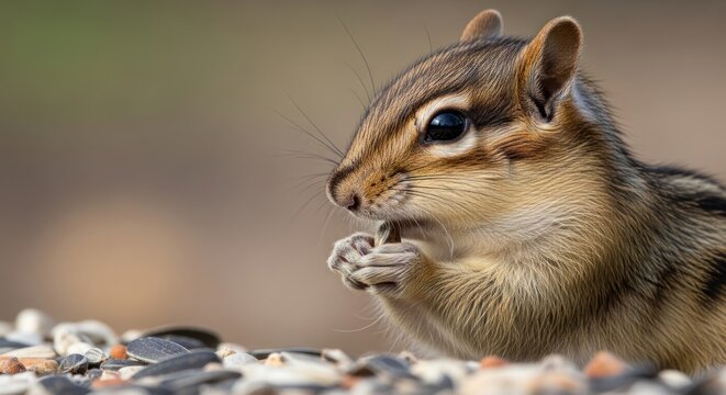 A small brown and white chipmunk is sitting on a pile of birdseed in a bird feeder. The chipmunk is eating the birdseed with its paws and looking around curiously.