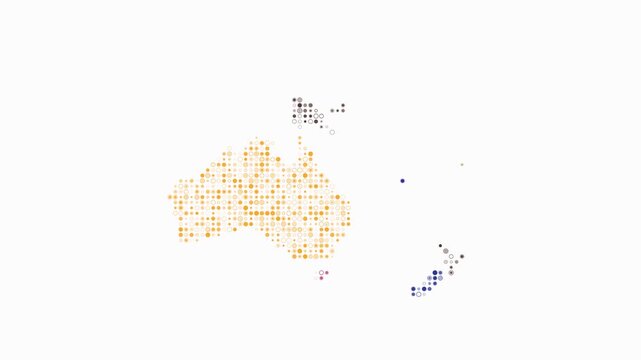 Oceania dotted animation. Shape of the continent build of pulsating colored dots. Small size circle blocks. Digital style map on white background. Awesome video.