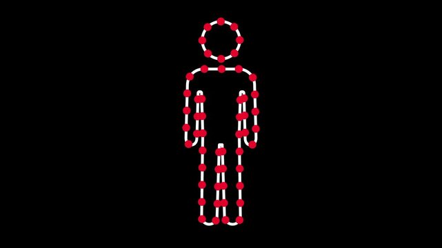 A simple red dashed outline of a human body represents a digital persona or the conceptual framework of a person within a structured virtual space
