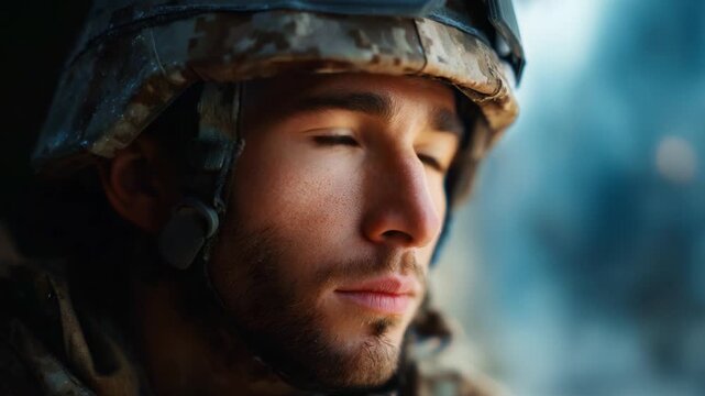 A Reflective Soldier in Combat Gear Contemplating His Mission and the Challenges Ahead with Intense Focus and Determination in His Striking Blue Eyes