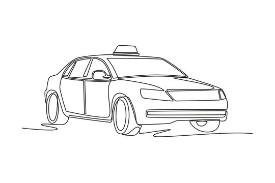 Single continuous line drawing modern city taxi sedan for urban passenger transport and public commuting service. Automotive transit, travel, mobility. One line draw graphic design vector illustration