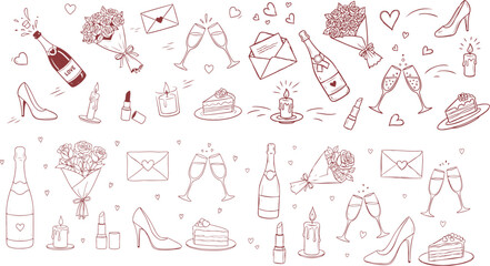 Valentine day celebration vector icons illustration set with champagne roses and hearts. © Siyam Creative