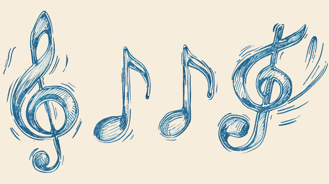 Blue sketched music notes on a pale background; clef and eighth notes in sketch drawing style
