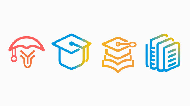 Four colorful outline icons of educational symbols, like grad hats and books, on white