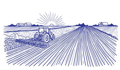 Heavy tractor pulling plow through field during sunrise on rural farm illustration vector. © Siyam Creative