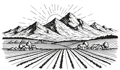 Fototapeta premium Dramatic mountain peaks overlook vast farming fields with houses and sunrise vector illustration.