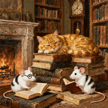 two mice reading a book accompanied by a cat lying down
