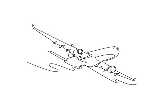 Single one line drawing a twin-engine commercial jet aircraft flying through the sky. Modern aviation, rapid transport, and global air travel. Continuous line draw design graphic vector illustration