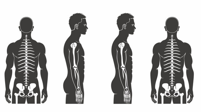 Male anatomy silhouettes, frontal and profile views, showing bone structure overlay
