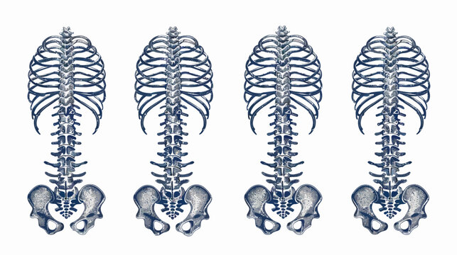 Repeating skeletal structures feature rib cages, spines and pelvic bones on a white background