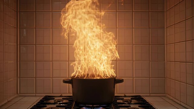 A black cooking pot on a kitchen stove catches fire with high flames against a tiled background.