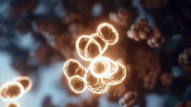Microscopic 3D animation of glowing organic cells or molecules floating in a dark, fluid environment with shallow depth of field