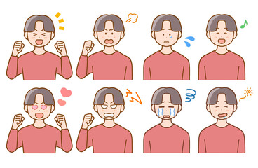 Fototapeta premium 若い男性の喜怒哀楽イラストセット｜表情・コミカル