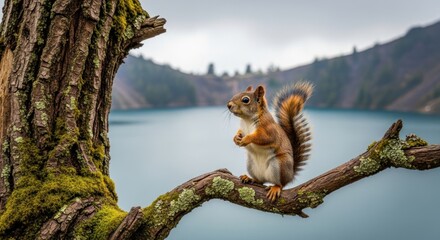 Fototapeta premium A squirrel perched on a tree branch overlooking a serene lake, surrounded by rolling hills and a distant mountain range.