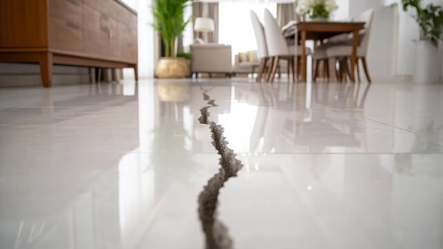 Detail of a deep structural crack on white ceramic tiles in a contemporary home living space.