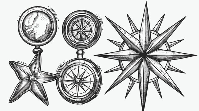 Engraved style illustration of vintage compasses and decorative nautical star shapes