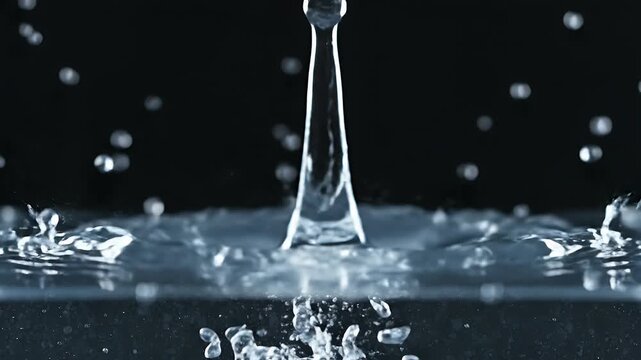 A liquid splash forms a crown shape with droplets suspended in the air