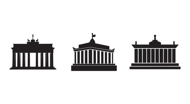 Black and white silhouettes of famous european buildings with columns and flags on top  landmarks icons