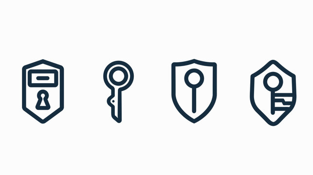 Security symbols lock, key, shield, and a key-shield combination, outlined in dark navy