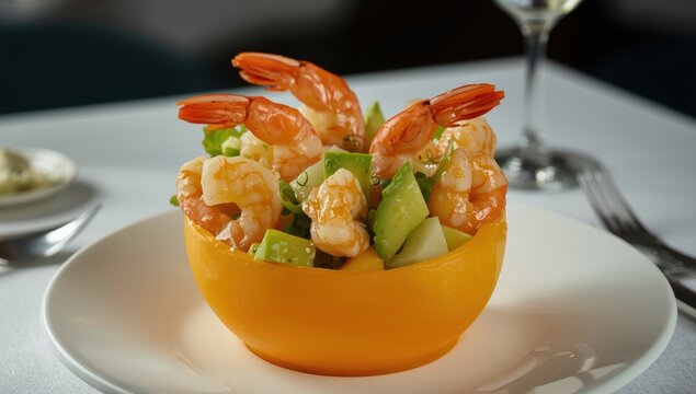Salad with prawns, shrimp, melon, and avocado served in melon