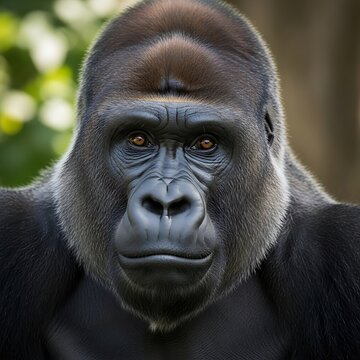 A powerful male silverback gorilla stares with an intense gaze.