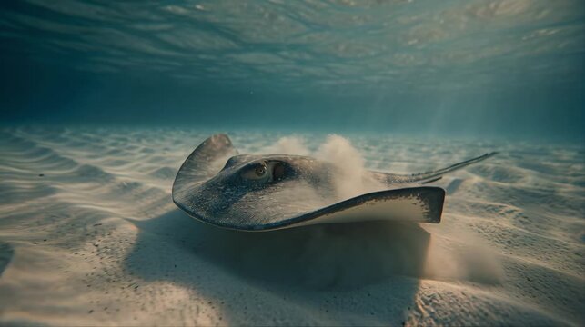 A stingray rests on rippled sand beneath shallow turquoise water, capturing a tranquil underwater scene with soft sunlight and realistic marine wildlife detail.