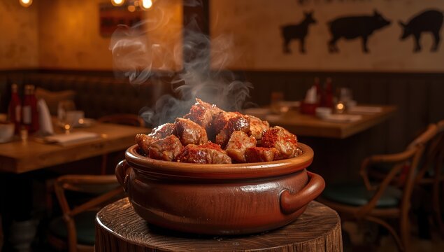 Savory braised diced pig ears flavored with paprika in ceramic