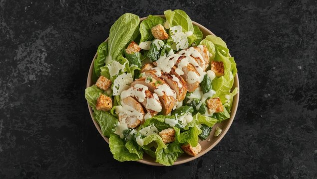 Savory chicken Caesar salad on a dark textured surface, overhead shot