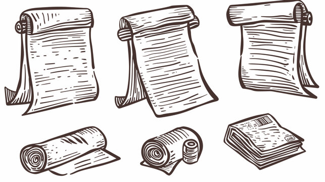Hand-drawn illustration of scrolls, rolls, and stacks of papers in a rustic style