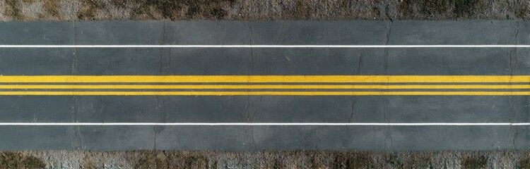 Fototapeta premium Bird's-eye view of an empty asphalt road featuring yellow double center lines and textured dark gray surface with subtle wear marks