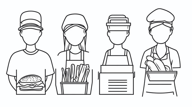 Outlined fast-food workers with burger, fries, boxes, and bread on white background