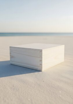 Minimalist white wooden box on pristine beach backdrop evoking serenity