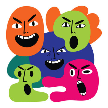 Colorful illustration of five abstract faces showing anger and frustration