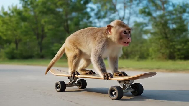 Funny monkey riding a skateboard on an outdoor road