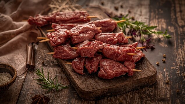 Skewered raw beef liver on a platter