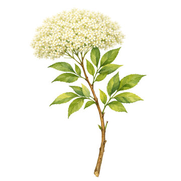 Watercolor elderflower botanical illustration, blooming elder branch with white flowers and green leaves isolated on white background.