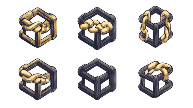 Pixel art renders of cube structures, some with chains, various styles, neutral background