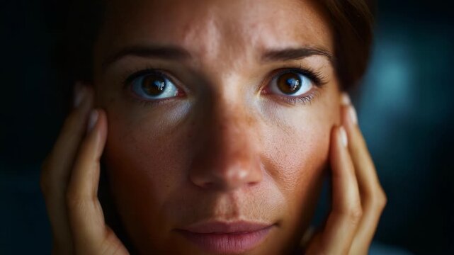 Close-up Portrait of a Woman Expressing Emotion with a Focused Gaze, Highlighting Anxiety and Contemplation in a Dim Lighting Environment