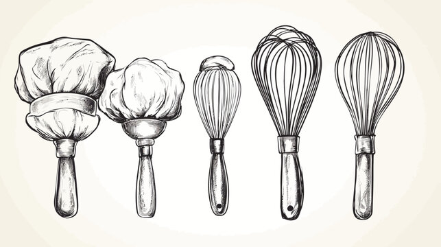 Kitchen utensils drawn in black and white chef hats and wire whisks