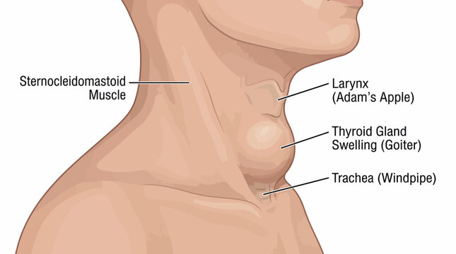 Human neck anatomy with labeled thyroid gland swelling and surrounding structures shown