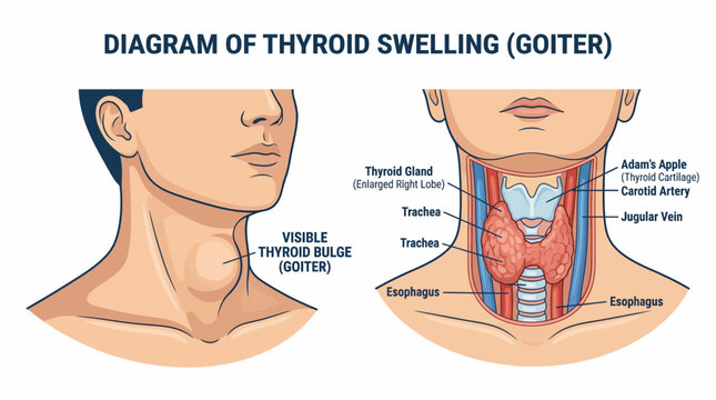 Diagram shows thyroid swelling and goiter in neck with labeled parts