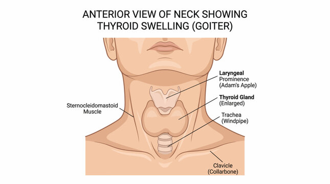 Goiter causes thyroid gland swelling in human neck anatomy