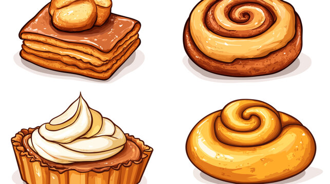 Four cartoon pastries, square cake, swirl bun, cream tart and rolled bun